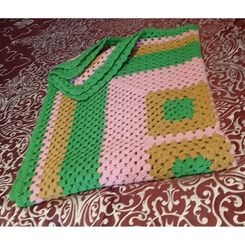 Vtg Handmade Granny Square Blanket Crochet Knit‎ Afghan Throw Blanket 45 X 37